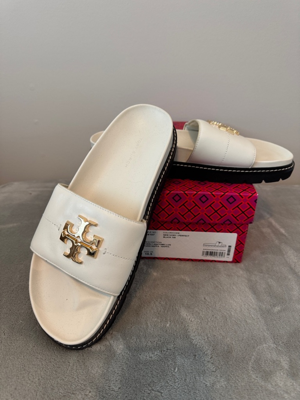 Tory Burch White Leather Slide Mules with Gold Logo